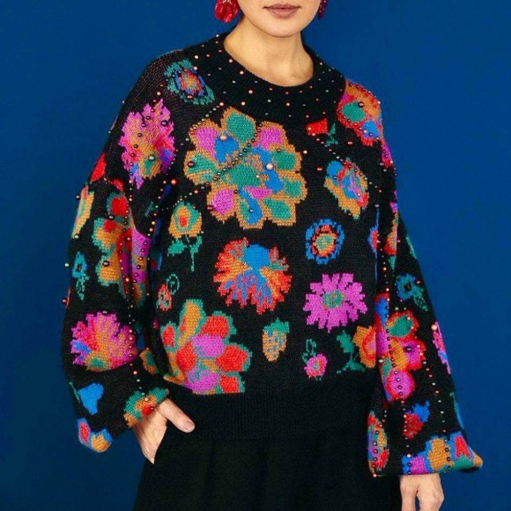FARM RIO - Wool Sweater - Size Small- Winter Flowers - Beaded - Holidays